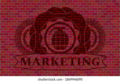 icono de granada y emblema de pared de ladrillo de texto de Marketing. Los azulejos de fondo son delicados. Ilustración artística. 
