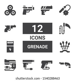 grenade icon set. Collection of 12 filled grenade icons included Gun, Weapons, Weapon