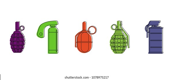 Grenade icon set. Color outline set of grenade vector icons for web design isolated on white background