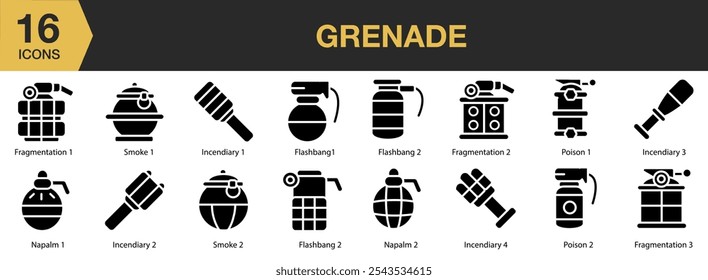 Grenade icon set. Includes Bomb, Explosive, Grenade, Incendiary, Military, War, and More. Solid icons vector collection.