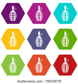 Grenade icon set many color hexahedron isolated on white vector illustration
