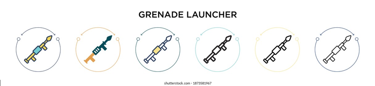 Grenade launcher icon in filled, thin line, outline and stroke style. Vector illustration of two colored and black grenade launcher vector icons designs can be used for mobile, ui, web