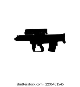 Icono del lanzador de granadas. Estilo simple sin símbolo de fondo de afiches de guerra. Elemento de diseño del logotipo de la marca del lanzador de granadas. Impresión de camisetas con lanzador de granadas. vector para pegatina.