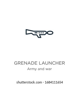 Grenade-Startsymbol. Dünne lineare Granatwerfer-Umrisssymbol einzeln auf weißem Hintergrund aus der Armee und Kriegssammlung. Vektorillustration der Linie, Symbol für Web und Mobilfunk