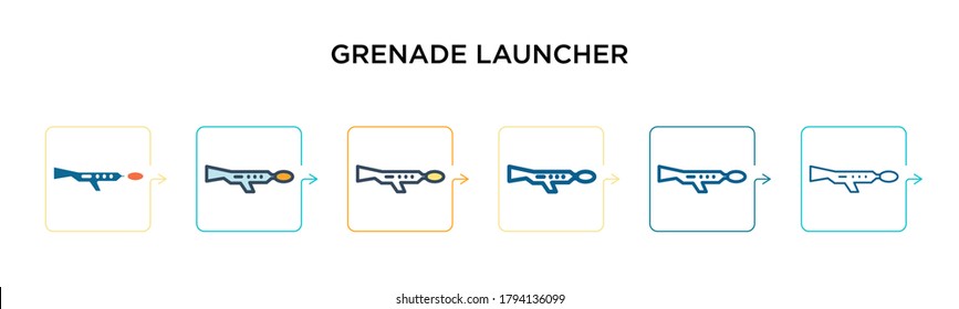 Grenade launcher vector icon in 6 different modern styles. Black, two colored grenade launcher icons designed in filled, outline, line and stroke style. Vector illustration can be used for web, 