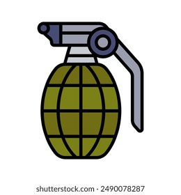 Icono de línea de granada. Explosivo, arma, militar, combate, bomba, guerra, granada, peligro, destrucción, ataque, explosión, armada, fuerzas, táctica, defensa, explosión, ejército, ordenanza, seguridad.