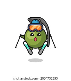 personaje de mascota de granada como jugador de esquí, diseño de estilo lindo para camiseta, pegatina, elemento logo