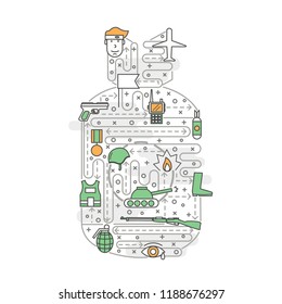 Grenade shape poster banner template. Military, army symbols vector thin line art flat style design elements, icons for web banners and printed materials.