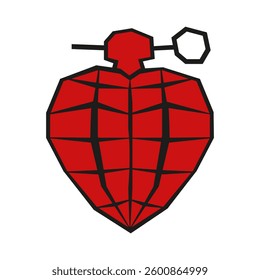 Grenade in shape of red Heart. Romantic neo brutalism art.  Grenade Heart vector illustration for t-shirt print Valentine's Day greeting card poster cover template design. EPS 10