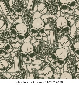 Grenade skulls seamless pattern monochrome vintage hand bombs for army soldiers  military ammo vector illustration