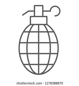 Grenade thin line icon, weapon and army, bomb sign, vector graphics, a linear pattern on a white background, eps 10.