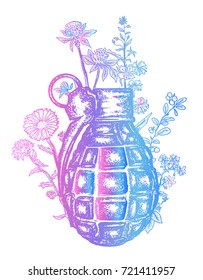 Grenade t-shirt design. Symbol of weapon, war and peace, good and evil. Rusty grenade tattoo 