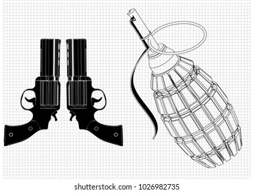 grenade and two pistols on a white background