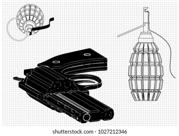 grenade and two pistols on a white background