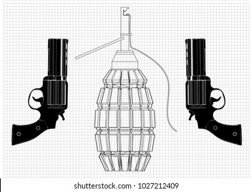 grenade and two pistols on a white background