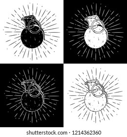 Grenade. Vector illustration with grenade and divergent rays. Used for poster, banner, web, t-shirt print, bag print, badges, flyer, logo design and more. 