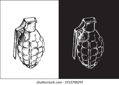 Grenade vector illustration. Hand bomb with black and white backgrounds.