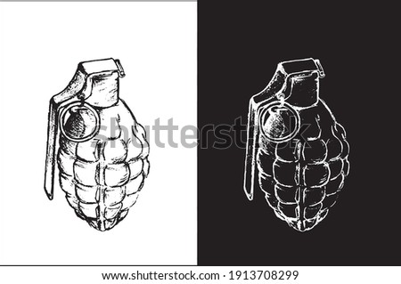 Grenade vector illustration. Hand bomb with black and white backgrounds.