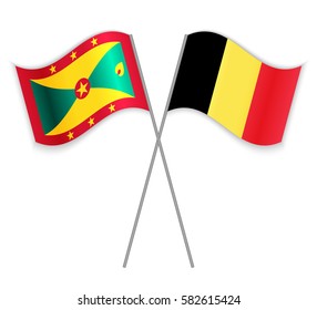 Grenadian and Belgian crossed flags. Grenada combined with Belgium isolated on white. Language learning, international business or travel concept.