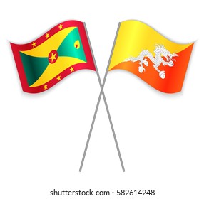 Grenadian and Bhutanese crossed flags. Grenada combined with Bhutan isolated on white. Language learning, international business or travel concept.