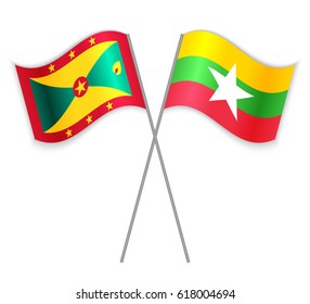 Grenadian and Burmese crossed flags. Grenada combined with Burma isolated on white. Language learning, international business or travel concept.