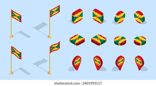 Bandera granadina (Granada). Icono de conjunto de indicadores isométricos 3D. Vector editable para banner, afiche, presentación, infografía, sitio web, aplicaciones, mapas y otros usos.