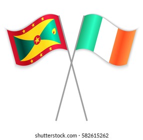 Grenadian and Irish crossed flags. Grenada combined with Ireland isolated on white. Language learning, international business or travel concept.