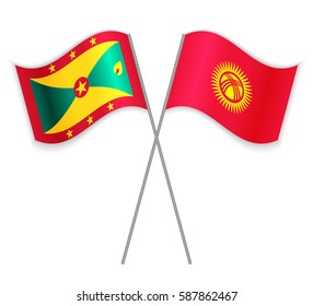 Grenadian and Kirgiz crossed flags. Grenada combined with Kyrgyzstan isolated on white. Language learning, international business or travel concept.
