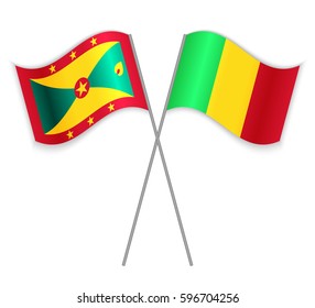 Grenadian and Malian crossed flags. Grenada combined with Mali isolated on white. Language learning, international business or travel concept.