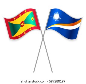 Grenadian and Marshallese crossed flags. Grenada combined with Marshall Islands isolated on white. Language learning, international business or travel concept.