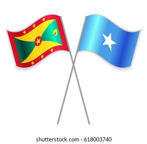 Grenadian and Somali crossed flags. Grenada combined with Somalia isolated on white. Language learning, international business or travel concept.