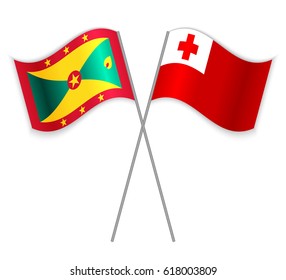 Grenadian and Tongan crossed flags. Grenada combined with Tonga isolated on white. Language learning, international business or travel concept.