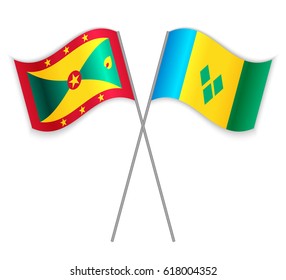 Grenadian and Vincentian crossed flags. Grenada combined with Saint Vincent and the Grenadines isolated on white. Language learning, international business or travel concept.