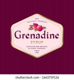 Grenadine label. Pomegranate syrup in hexagon gold frame. Some ripe pomegranates and gold leaves with letters. 