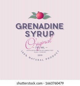 Grenadine label. Pomegranate syrup sticker. Ripe pomegranate and leaves with letters. 