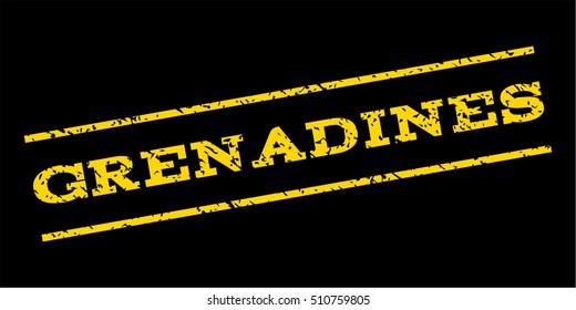Grenadines watermark stamp. Text caption between parallel lines with grunge design style. Rubber seal stamp with unclean texture. Vector yellow color ink imprint on a blue background.