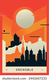 Grenoble city brutalism poster with abstract skyline, cityscape retro vector illustration. France Alpes region travel cover, brochure, flyer, leaflet, business presentation template image