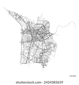 Mapa de Grenoble con calles y carreteras, Francia. Ilustración de contorno vectorial.