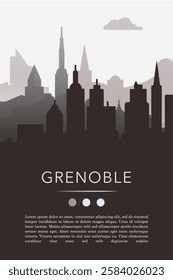 Grenoble city template for website, presentation, front page, invitation, publication sheet with skyline, landmarks. Vector France image layout, simple and grayscale