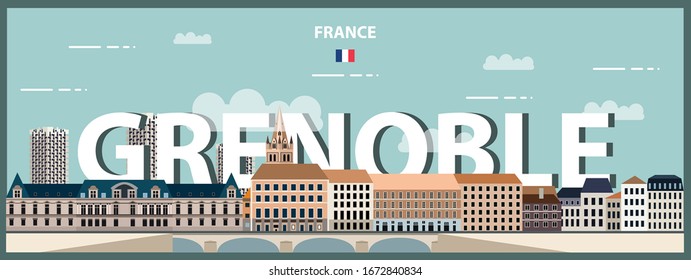 Grenoble cityscape colorful poster. Vector illustration