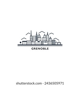 Grenoble cityscape skyline city panorama vector flat modern logo icon. France Alpes town emblem idea with landmarks and building silhouettes. Isolated graphic