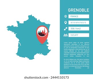 Grenoble France map shape vector infographics template. Modern city data statistic illustration, graphic, layout	