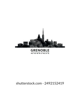 Grenoble panorama, vector badge, skyline logo and icon. France city horizon logotype with landmarks and building silhouettes. Isolated foggy abstract gradient graphic