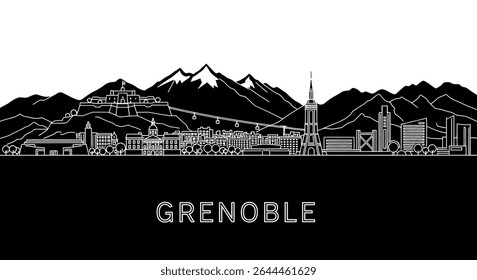 Grenoble Skyline Vector with France, Alps, and Minimal.