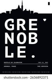 Grenoble typography minimalist vector poster for national event, public holiday, independence day, festival layout. Brochure, leaflet, flyer, presentation image template for France city