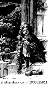 Gretchen  this scene shows little girl standing stairs and doll in her hand  her shoes at bottom  trees in background  vintage line drawing engraving illustration