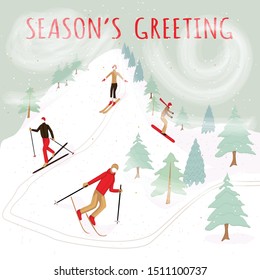 greting card with illustration of skiers and snowboarders. Sports men and women in the ski resort. Extreme winter sports.Nature morning landscape background.