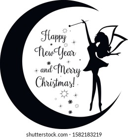 Gretting card with Christmas with fairy on moon vector illustration. Black silhouette fairy isolated. Stencil fairy on moon.