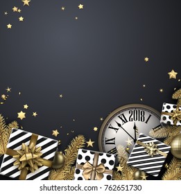 Grey 2018 Christmas background with gifts and clock. Vector top view illustration.