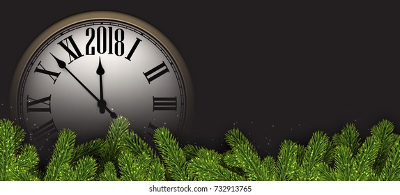 Gris 2018 Año Nuevo con ramas de abeto y reloj. Ilustración vectorial.